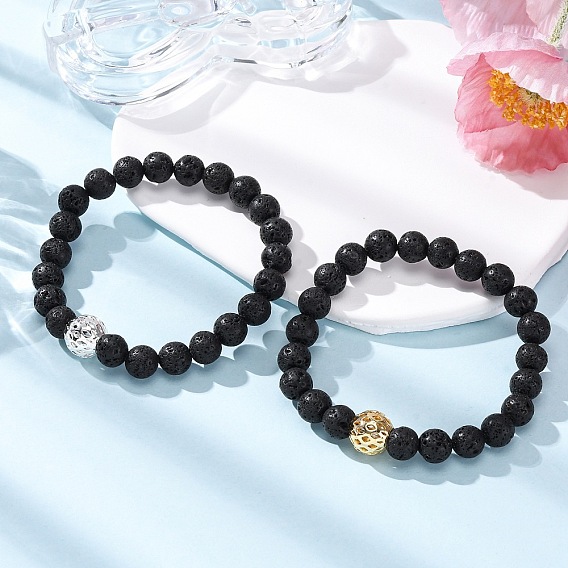 2шт. натуральные бусины из лавового камня, эластичные браслеты для мужчин и женщин, круглые, с латунной бисера