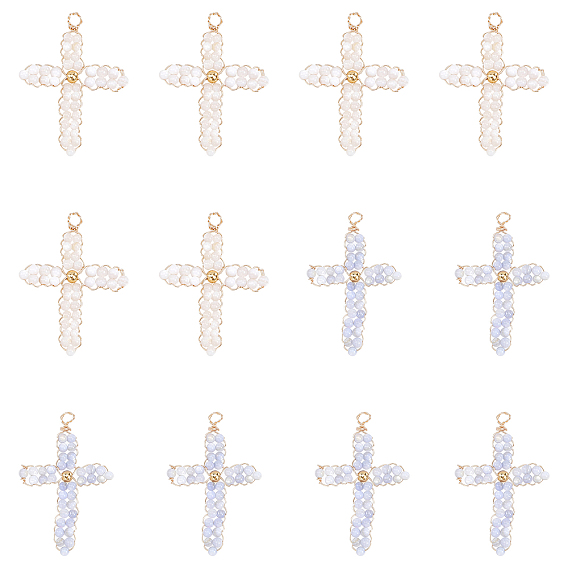 12 шт 2 цвета натуральные пресноводные ракушки круглые бусины плетеные подвески, с экологически чистой медной проволокой светло-золотистого цвета, обернутой, окрашенные, крест очарование