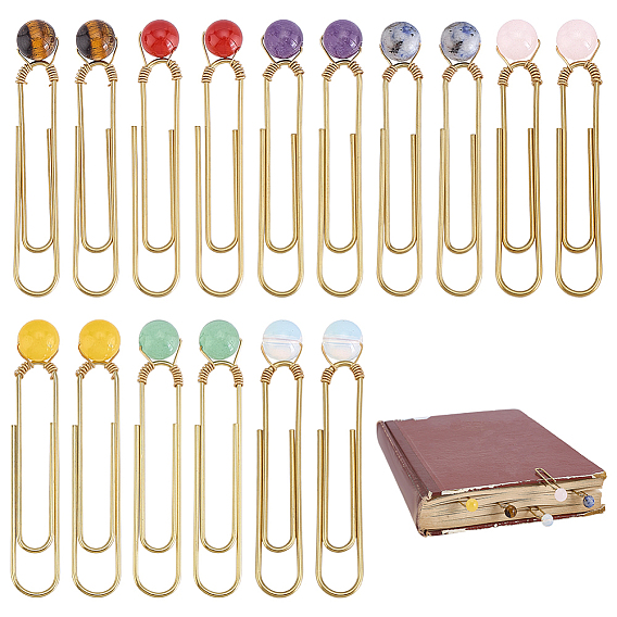 16шт 8 цвета железные закладки, с натуральным розовым кварцем, зеленым авантюрином, желтым нефритом, голубой пятнистой яшмой, сердоликом, тигровым глазом и опалитом