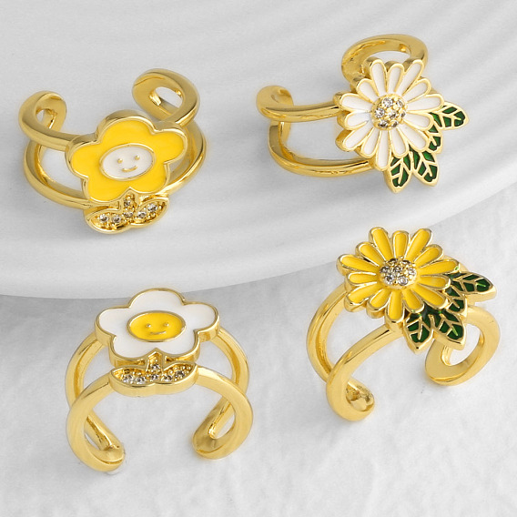 Brass Micro Pave Clear Cubic Zirconia Cuff Open Rings, Flower, Golden