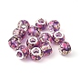 Transparent Printed Glass European Beads, Large Hole Beads, with Brass Silver Color Plated Core, Rondelle with Flower Pattern