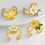 Brass Micro Pave Clear Cubic Zirconia Cuff Open Rings, Flower, Golden