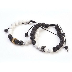 Natural Lava Rock and Howlite Braided Bead Bracelets, Couple Bracelets, with Nylon Cord and Brass Findings, Round