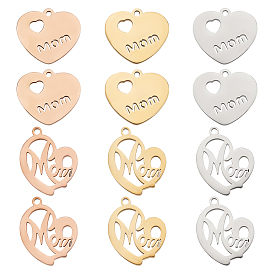 PandaHall Elite 12Pcs 2 Style Ion Plating(IP) 304 Stainless Steel Pendants, Heart with Word Mom, for Mother's Day