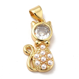 Brass Micro Pave Cubic Zirconia Pendants, with Plastic Imitation Pearl, Long-Lasting Plated, Real 18K Gold Plated, Cat