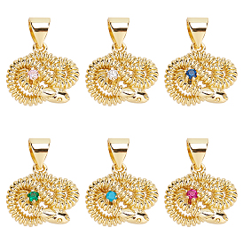 Nbeads 6Pcs 6 Colors Brass Micro Pave Cubic Zirconia Charms, Cadmium Free & Nickel Free & Lead Free, Real 16K Gold Plated, Snake