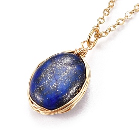 Ожерелья с подвесками в проволочной обертке с драгоценными камнями, с латунным кабельных цепей, овальные