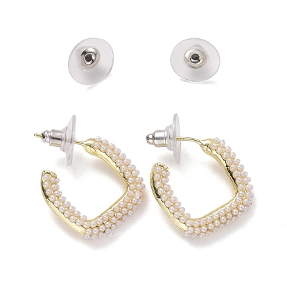 Imitation Pearl Beaded Twist C-shape Stud Earrings, Alloy Half Hoop Earrings, Open Hoop Earrings with 925 Sterling Silver Pin for Women, Light Gold