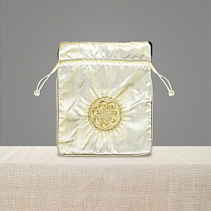 Chinese Style Brocade Drawstring Gift Blessing Bags, Jewelry Storage Pouches for Wedding Party Candy Packaging, Rectangle with Flower Pattern