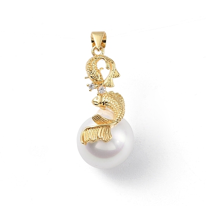 Rack Plating Brass Micro Pave Cubic Zirconia Constellation Pendants, with Plastic Imitation Pearl, Cadmium Free & Lead Free, Long-Lasting Plated, Pisces Charm