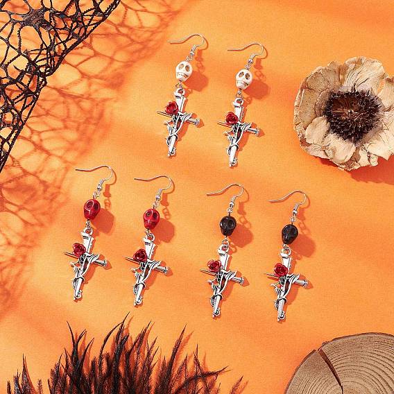 3 пары 3 цвета серьги-подвески из сплава синтетической бирюзы, окрашенные в стиле хэллоуин, с  латунными крючками для серег, крест с розой