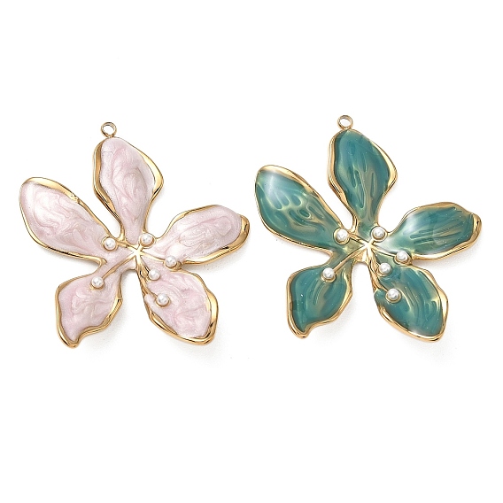 304 Stainless Steel Enamel Pendants, Flower Charms, with ABS Plastic Imitation Pearl, Ion Plating(IP), Golden