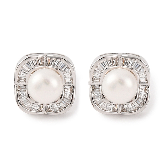 925 Sterling Silver Square Stud Earrings, with Natural Pearl & Clear Cubic Zirconia