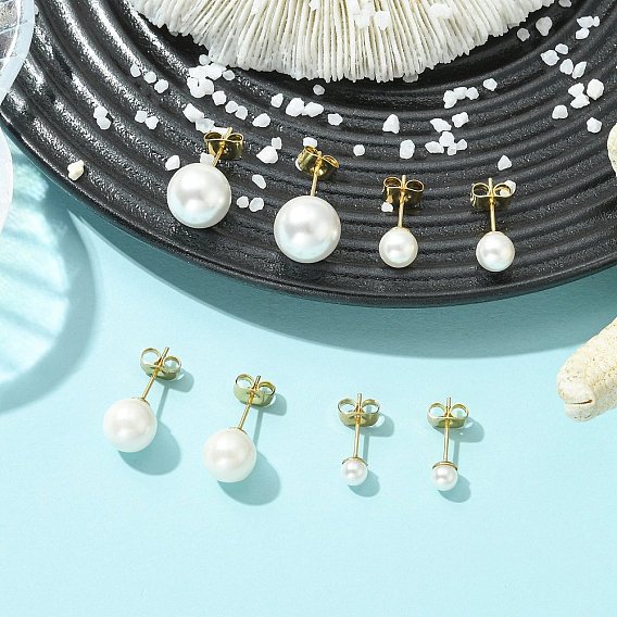 4 пары 304 серьги-гвоздики из нержавеющей стали, круглые, с оболочкой жемчуг, золотые