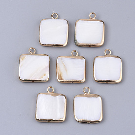 Edge Plated Freshwater Shell Pendants, for DIY Jewelry Making, with Golden Tone Brass Loops and Half Hole, Square