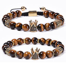 Bracelet couronne en pierre d'oeil de tigre naturel, bracelet de perles élastiques hexagonales en zircon micro-incrusté de cuivre