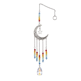 Moon & Star Tibetan Style Alloy Charm Hanging Ornaments, Chakra Glass Beaded & Teardrop Tassel for Home Decorations