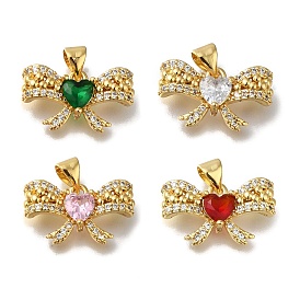 Rack Plating Brass Micro Pave Cubic Zirconia Pendants, Long-Lasting Plated, Cadmium Free & Lead Free, Real 18K Gold Plated, Bowknot