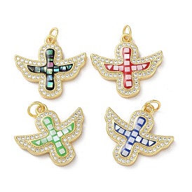 Brass Micro Pave Clear Cubic Zirconia Pendants, with Enamel, Shell and Jump Ring, Real 18K Gold Plated,  Wing with Cross