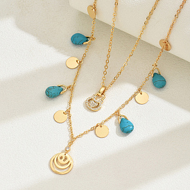 Natural Turquoise Teardrop Double Layer Necklaces, Brass Pave Crystal Rhinestone Lock Pendant Necklaces for Women