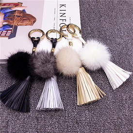 Fur Ball Keychain with Tassel, Minimalist Leather Bag Charm for Women's Phone and Purse
