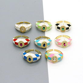 Bohemian Retro Colorful Diamond Checkered Ring for Women Fashion Geometric Grid Jewelry