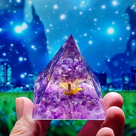 Orgonite Pyramid Resin Display Decorations, with Brass & Natural Amethyst Chips Tree of Life Inside, for Home Office