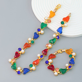 Bohemian Ethnic Style Alloy Diamond Pearl Resin Hip Hop Necklace Bracelet for Women