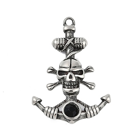 304 Stainless Steel Pendants, with Rhinestone, Anchor with Skull Charm