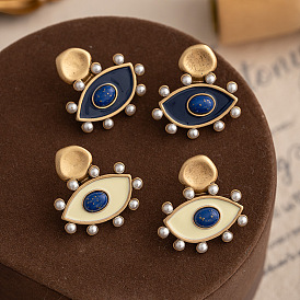 Серьги-гвоздики из сплава с глазом, эмалью и натуральным лазуритом, золотые