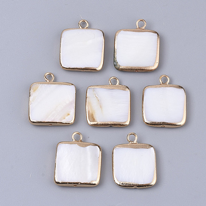 Edge Plated Freshwater Shell Pendants, for DIY Jewelry Making, with Golden Tone Brass Loops and Half Hole, Square