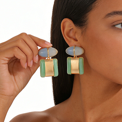 Alloy Resin Stud Earrings for Women, Square, Golden