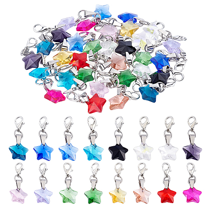 32pcs 16 décorations suspendues en verre de style, étoiles, avec alliage homard fermoirs pince, platine