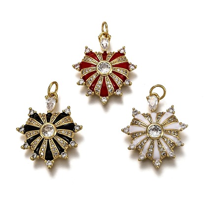 Brass Micro Pave Clear Cubic Zirconia Pendants, Long-Lasting Plated, with Jump Rings & Enamel, Behind with Heart, Real 18K Gold Plated