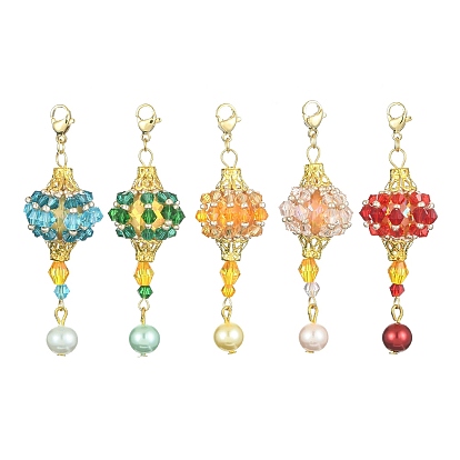 Lantern Glass Beaded Pendant Decorations, with 304 Stainless Steel Lobster Claw Clasps