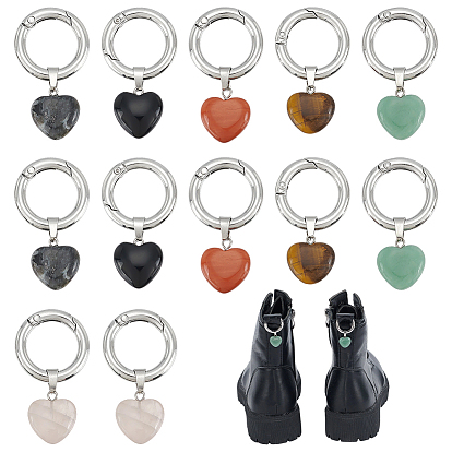 12 шт. 6 цвета сердце натуральный тигровый глаз & розовый кварц & зеленый авантюрин & ларвикит & красная яшма & обсидиан подвески для обуви, с литыми пружинными кольцами
