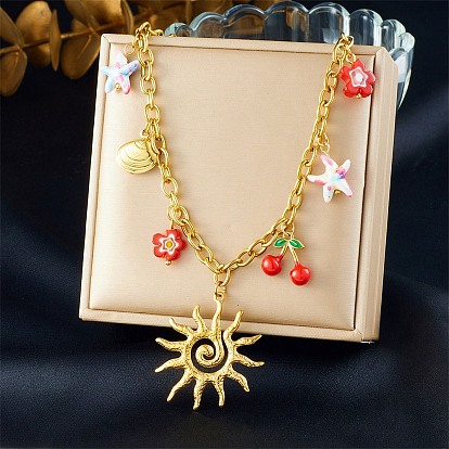 304 Женские ожерелья-нагрудники из нержавеющей стали с пластиковыми вставками, солнце, вишня и цветок, красные
