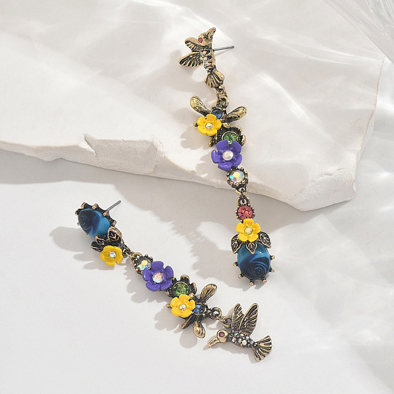 Alloy & Resin & Rhinestone Bird with Flower Stud Dangle Earrings for Women
