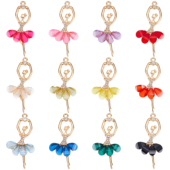 24шт 12 цветной сплав большие подвески, со смолой и хрустальными стразами, граненые, балерина, золотые