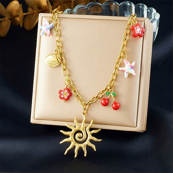 304 Женские ожерелья-нагрудники из нержавеющей стали с пластиковыми вставками, солнце, вишня и цветок, красные