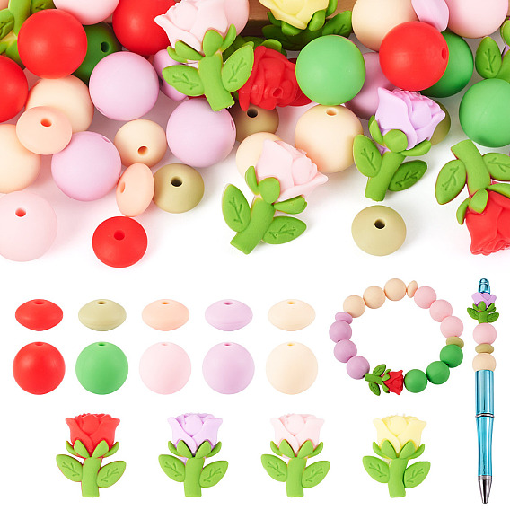 48Pcs 14 Styles Flower Silicone Beads