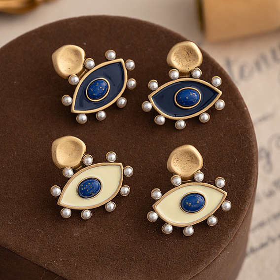 Серьги-гвоздики из сплава с глазом, эмалью и натуральным лазуритом, золотые
