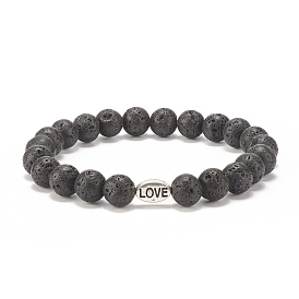 Natural Lava Rock Stretch Bracelet with Word Love Alloy Beads, Essential Oil Gemstone Jewelry for Women