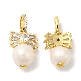 Rack Plating Brass Pendants, Natural Pearl
 with Cubic Zirconia, Lead Free & Cadmium Free, Long-Lasting Plated