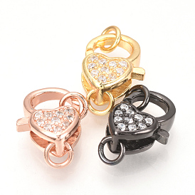 Brass Micro Pave Cubic Zirconia Lobster Claw Clasps, with Jump Rings, Heart