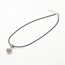 Heart Tibetan Style Alloy Pendant Necklaces, with Waxed Cord and Lobster Claw Clasps, 17.7 inch