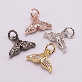Brass Micro Pave Grade AAA Cubic Zirconia Charms, Long-Lasting Plated, Whale Tail, Cadmium Free & Nickel Free & Lead Free