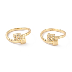 Adjustable Brass Micro Pave Clear Cubic Zirconia Cuff Rings, Open Rings, Long-Lasting Plated, Square