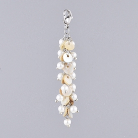 Natural Akoya Shell Pendants, Cluster Pendants, with Glass Pearl Beads and 304 Stainless Steel Lobster Claw Clasps