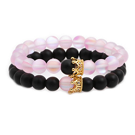 Pink Matte Moonstone Crown Bracelet Set for Women